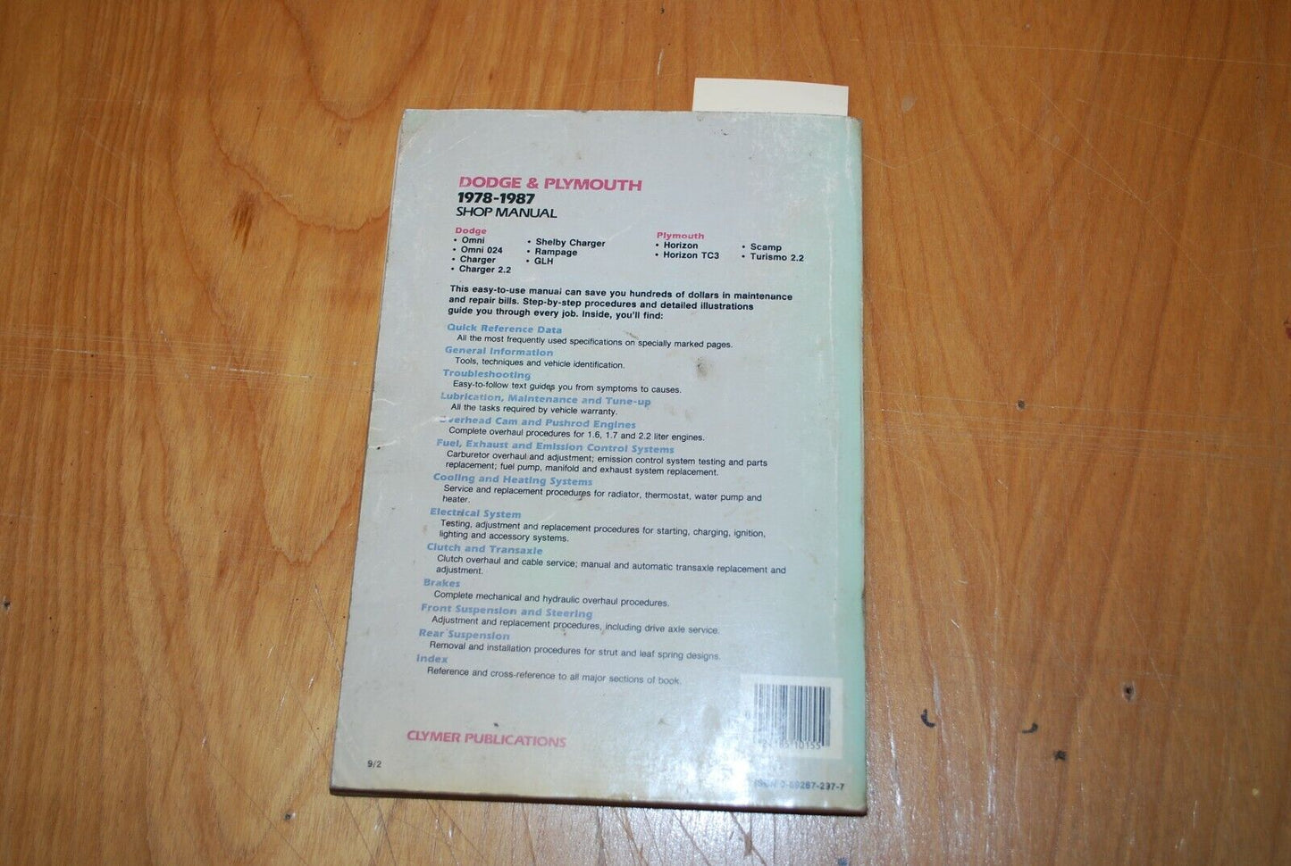 Clymer Repair Shop Manual/Guide - Dodge Plymouth Omni Horizon 1987-1988 - B022