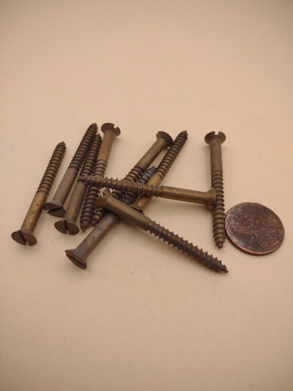 #8 x 1-3/4" NOS Flat Head Slotted Brass Wood Screws Pack of (10) BOX0251P