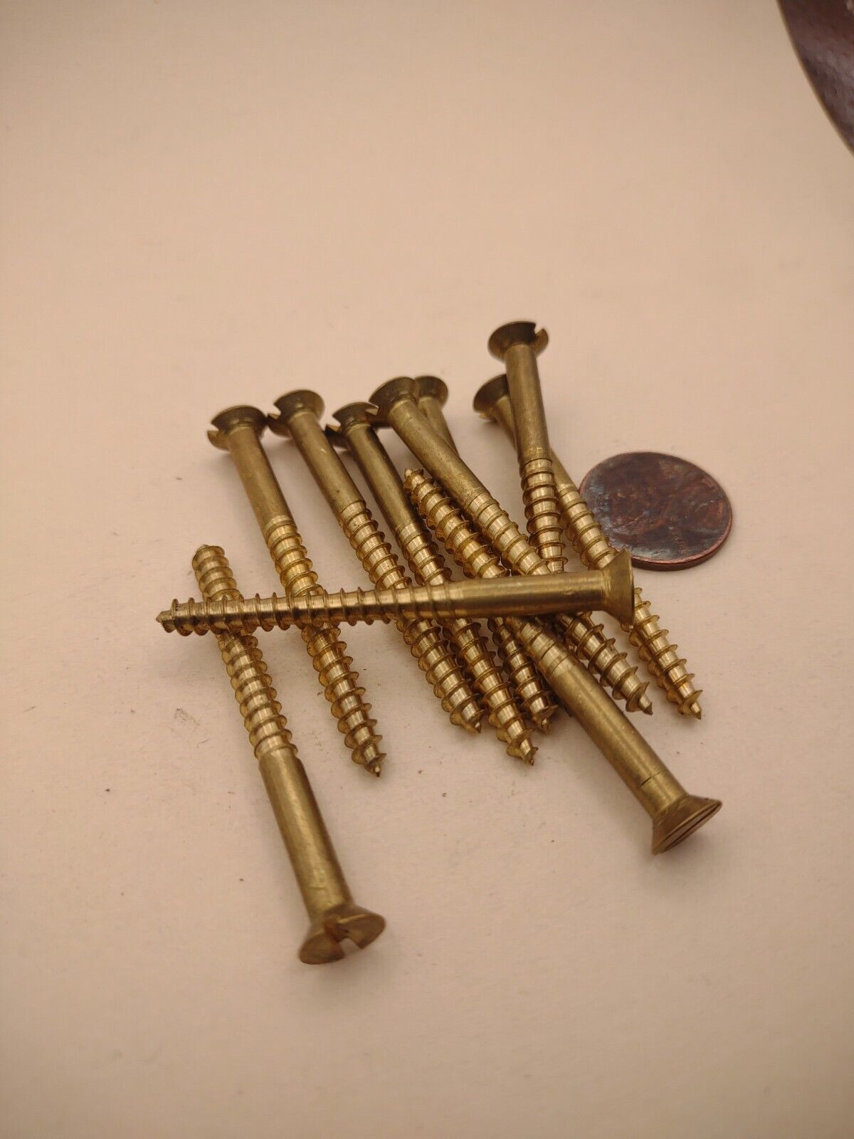 #8 x 2" NOS Flat Head Slotted Brass Wood Screws Pack of (10) BOX0252P