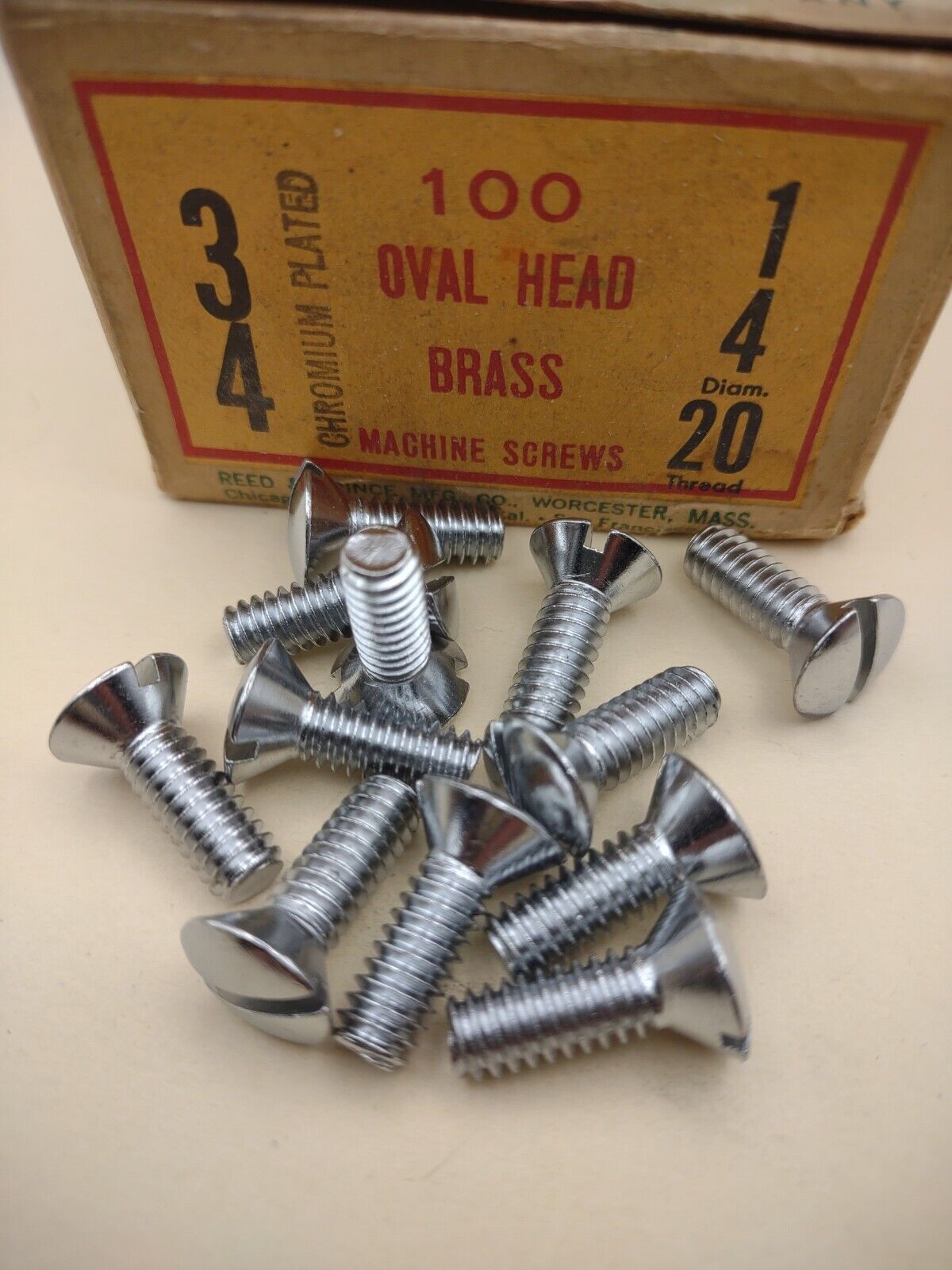 1/4"-20 x 3/4 Oval Head Slotted Chrome Brass Machine Screws (12 pack NOS CBMS44