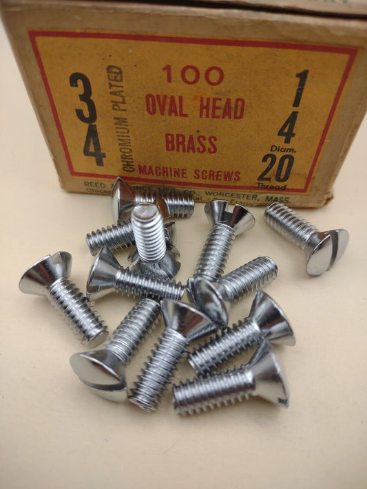1/4"-20 x 3/4 Oval Head Slotted Chrome Brass Machine Screws (12 pack NOS CBMS44
