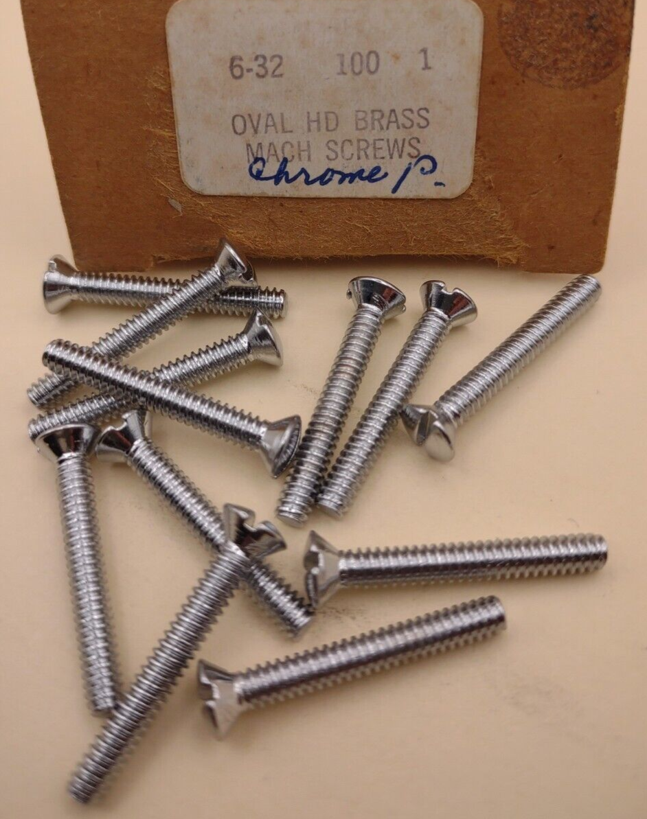 6-32 x 1" Oval Head Slotted Chrome Brass Machine Screws (12 pack) NOS #CBMS04