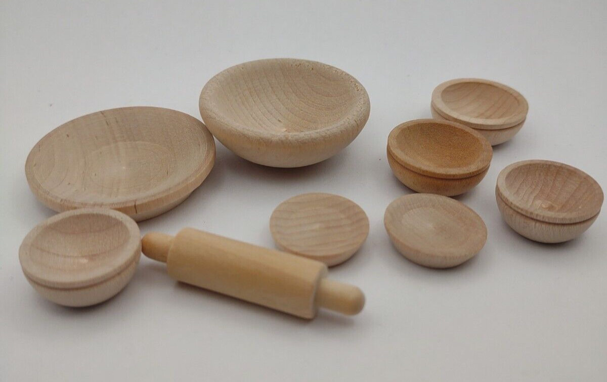 Dollhouse Miniature 9pc Kitchen / Dining Unfinished Wooden 9pc Set Pack Lot #M11