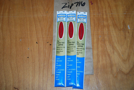 N.O.S. J&P Coats 12" Metal Zipper 128 Red - (Lot of 3 packs) - zip716