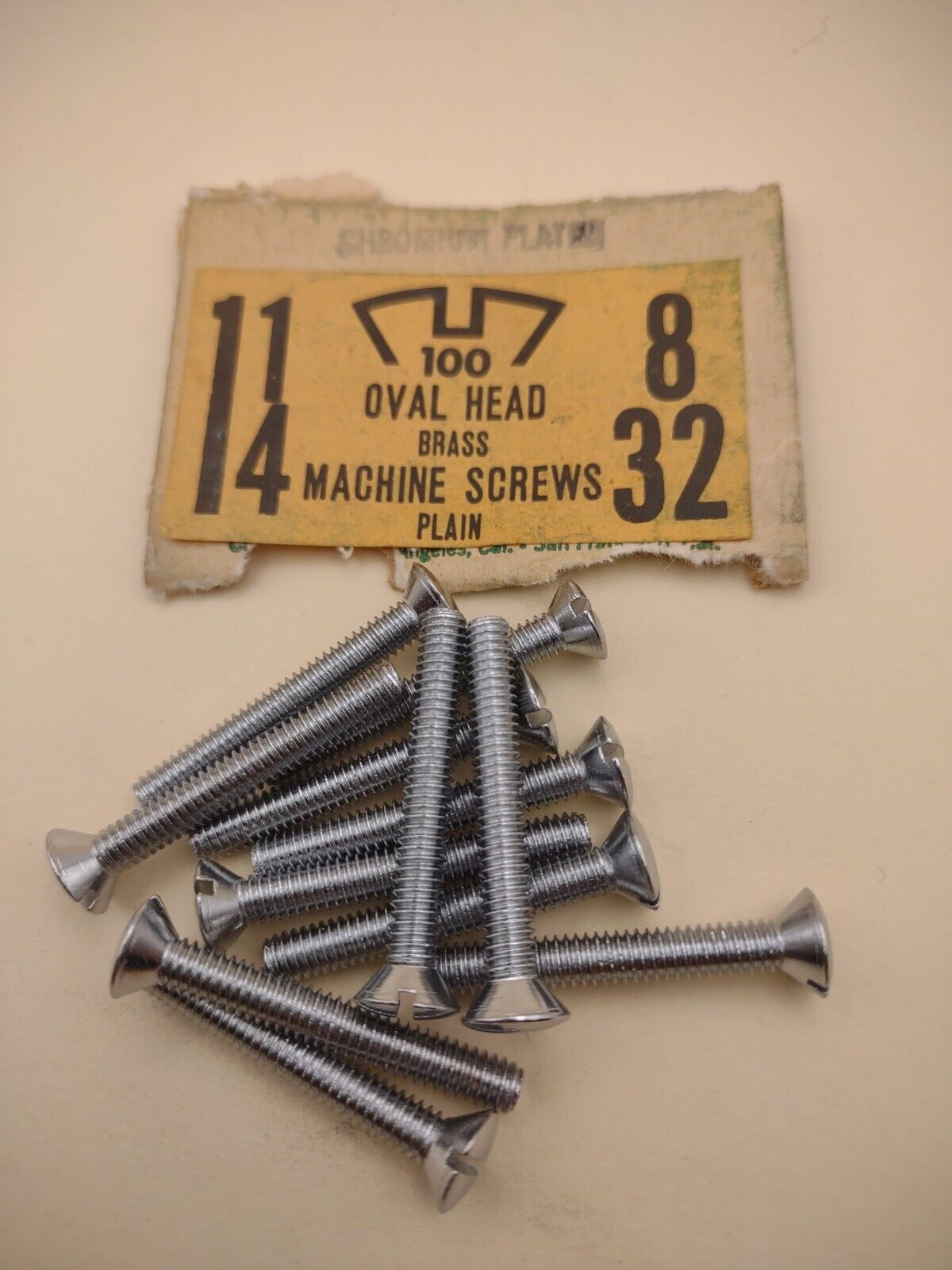 8-32 x 1-1/4" Oval Head Slotted Chrome Brass Machine Screws (12 pack) NOS CBMS20