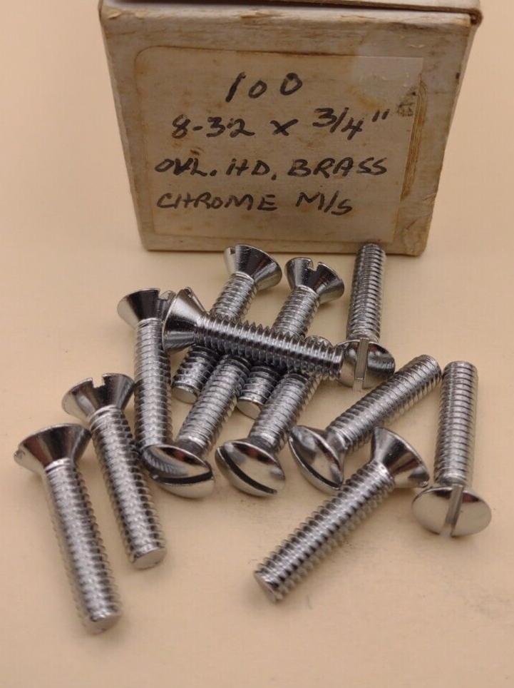 8-32 x 3/4" Oval Head Slotted Chrome Brass Machine Screws (12 pack) NOS CBMS14