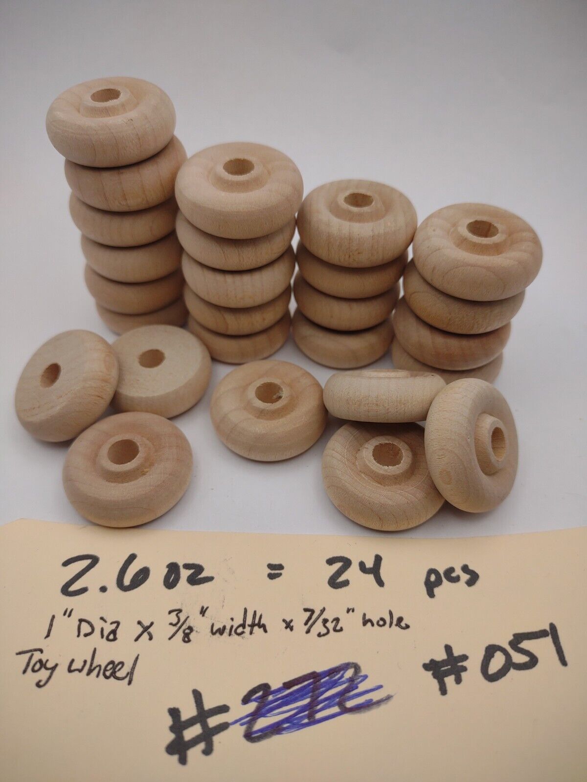 1" x 3/8" x 7/32" Unfinished Wooden Toy Wheel 24pc Packs Lot #TW02