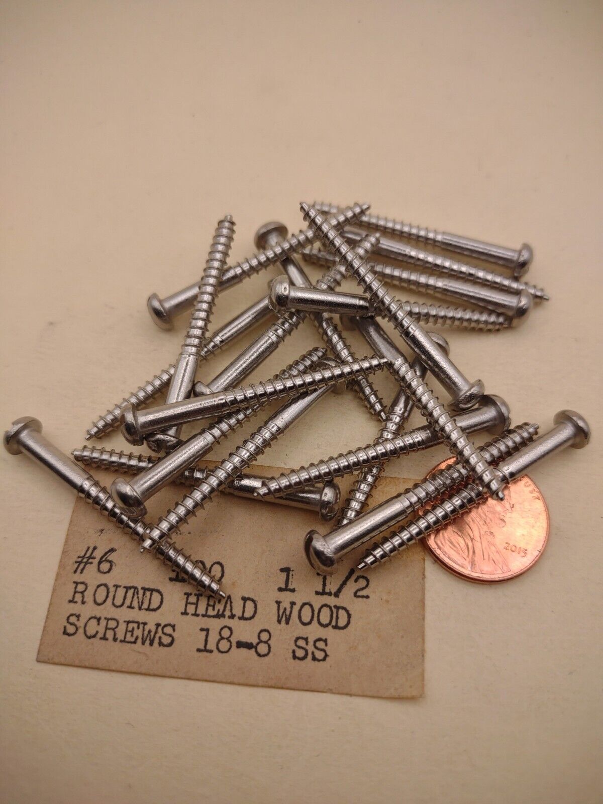 #6 x 1-1/2" 18-8 Stainless Round Head Slotted Marine Wood Screws (20 pack SSWS33