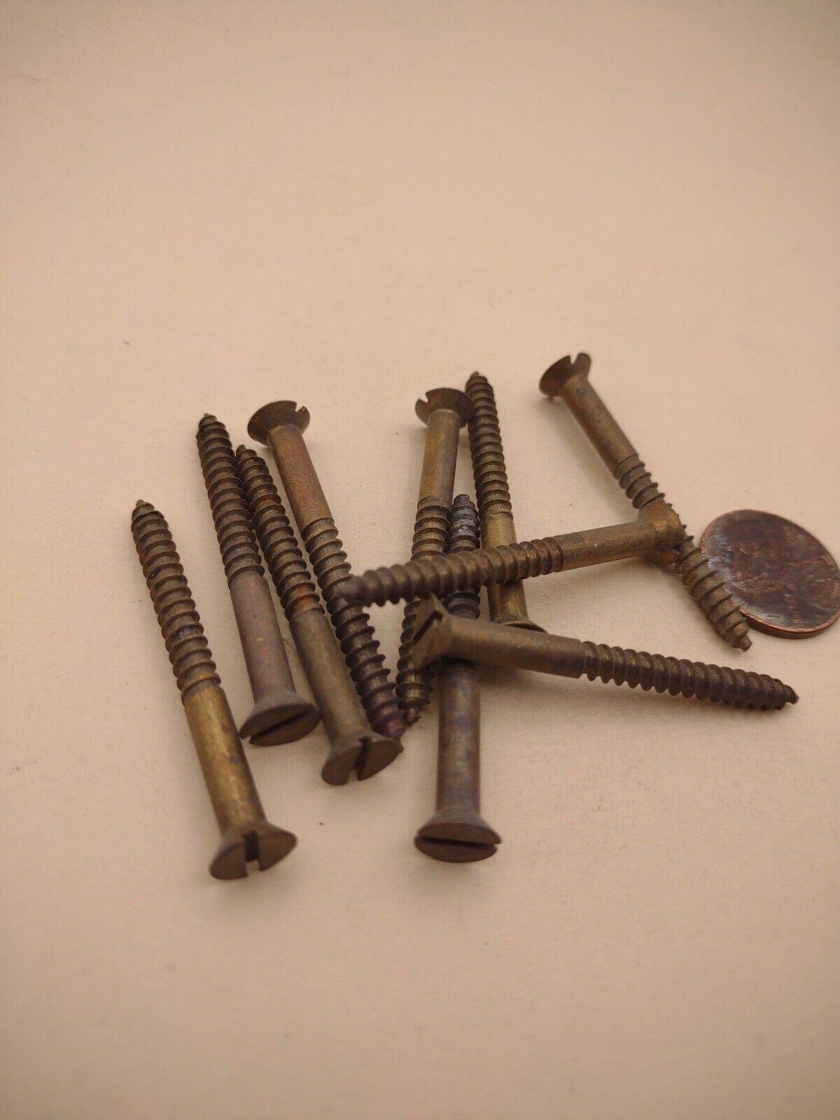 #8 x 1-3/4" NOS Flat Head Slotted Brass Wood Screws Pack of (10) BOX0251P