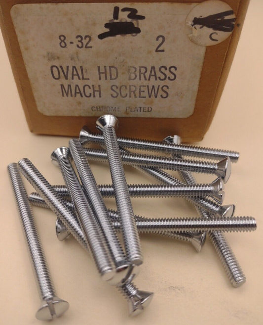 8-32 x 2" Oval Head Slotted Chrome Brass Machine Screws (12 pack) NOS CBMS26