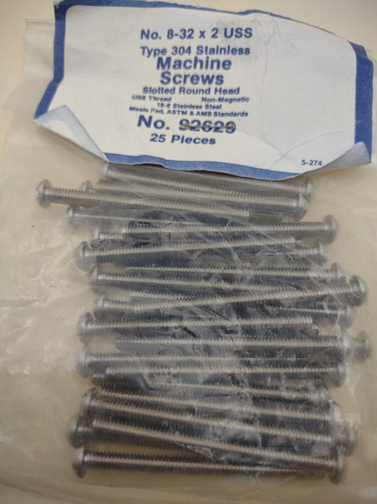 8-32 x 2" 18-8 Stainless Round Head Slotted Machine Screws 25 pack SSMS05