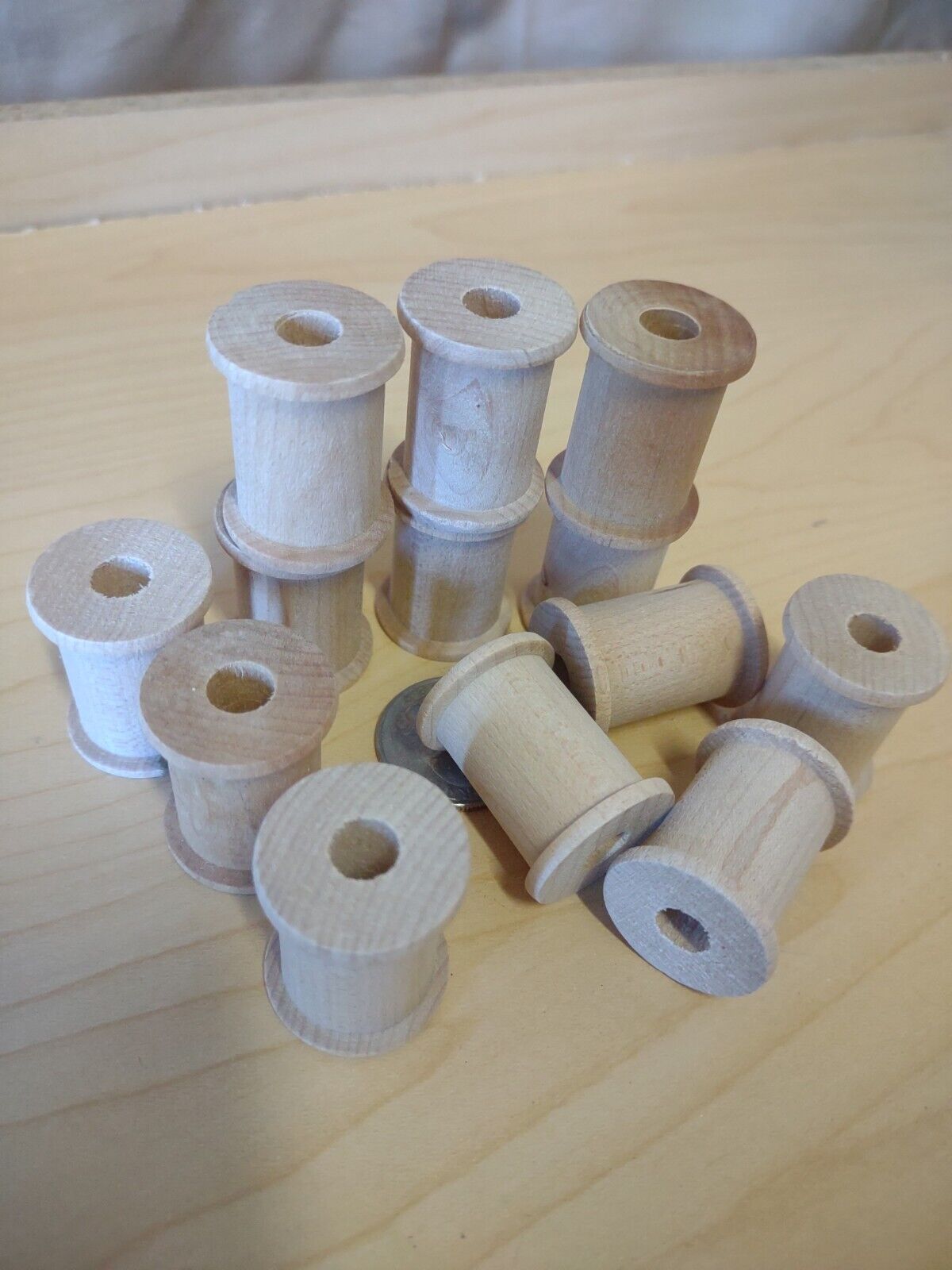 1-1/8" x 7/8" x 9/32" Unfinished Wooden Mini Spools (12pc) Lot Packs Lot #S05