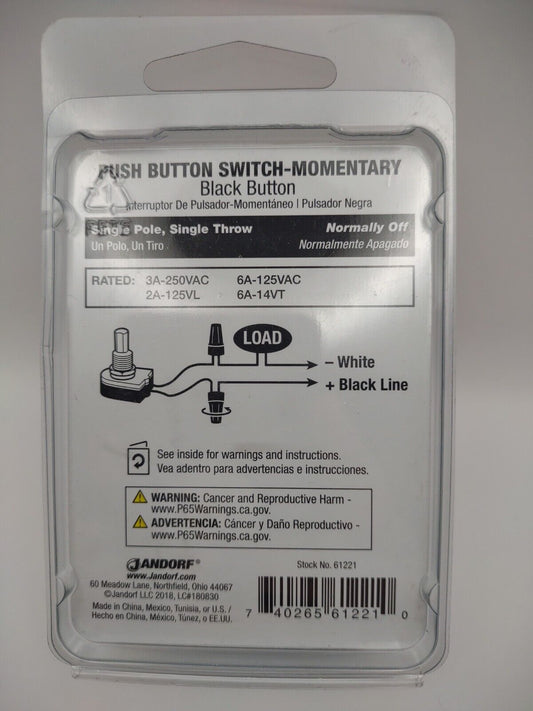 Jandorf Lighting Lamp PUSH BUTTON SWITCH Momentary Black Single Pole 61221 E12