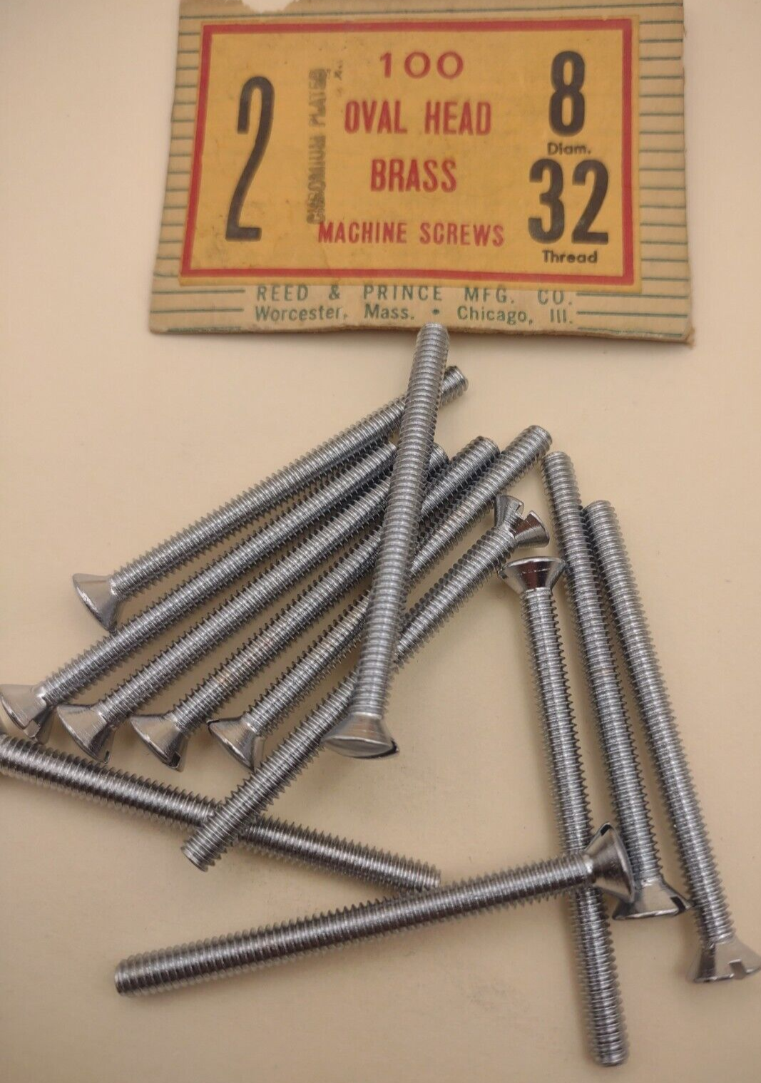 8-32 x 2" Oval Head Slotted Chrome Brass Machine Screws (12 pack) NOS CBMS25