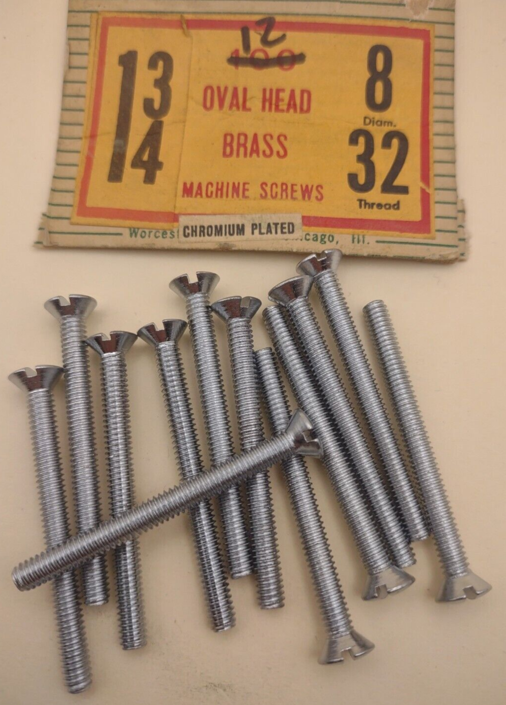 8-32 x 1-3/4" Oval Head Slotted Chrome Brass Machine Screws (12 pack) NOS CBMS24