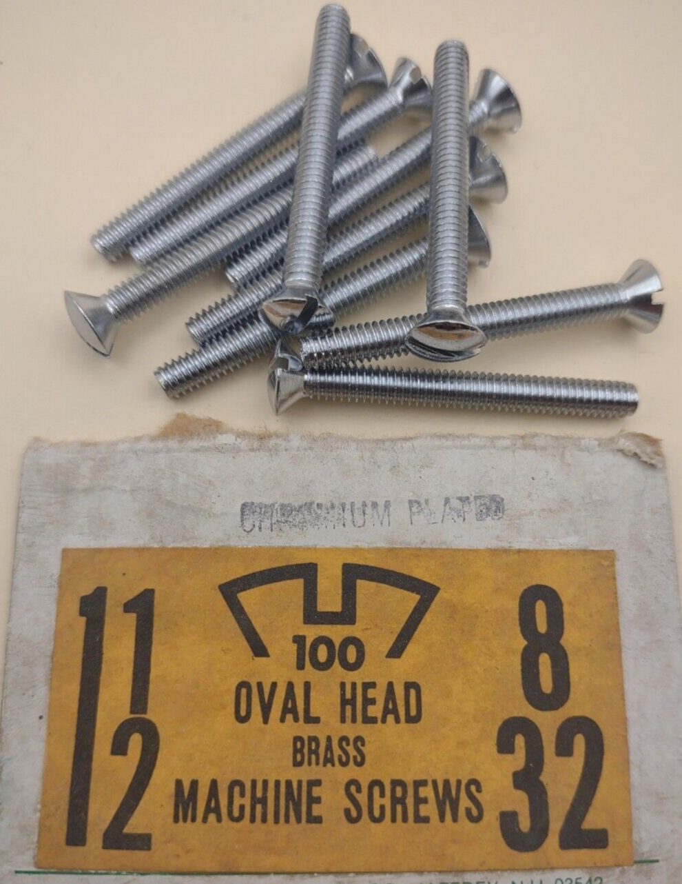 8-32 x 1-1/2" Oval Head Slotted Chrome Brass Machine Screws (12 pack) NOS CBMS23