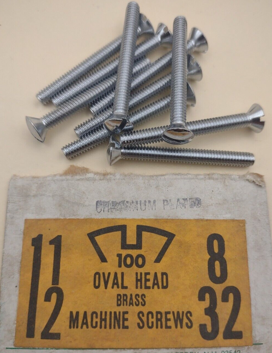 8-32 x 1-1/2" Oval Head Slotted Chrome Brass Machine Screws (12 pack) NOS CBMS23