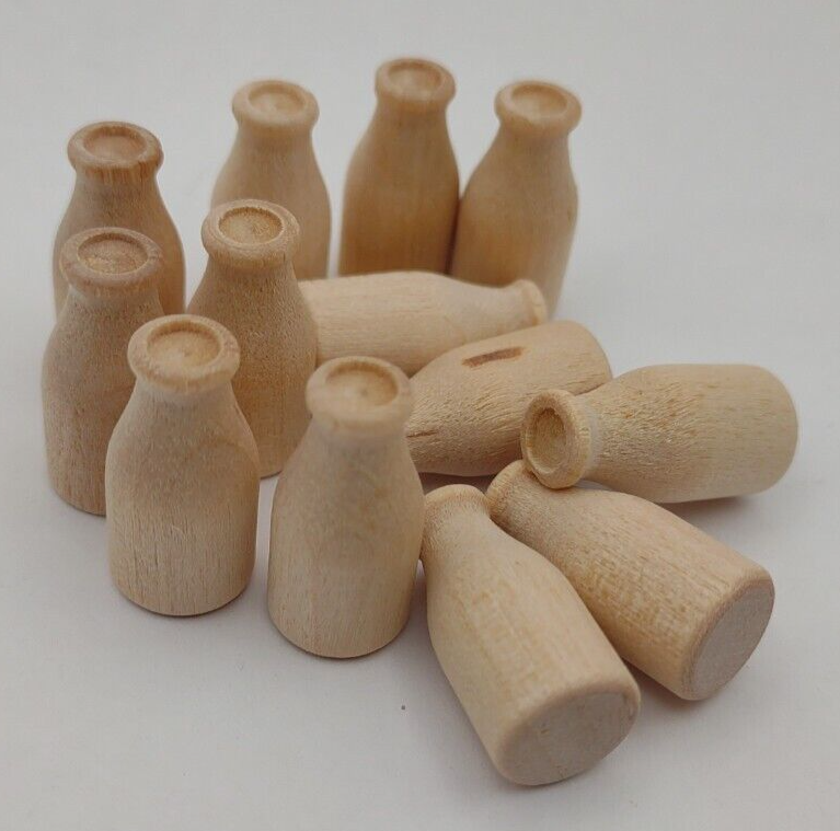 Dollhouse Miniature 7/8" Milk Bottle Unfinished Wooden 12pc Pack Lot #M013