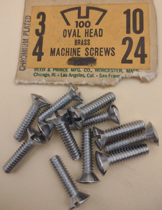 10-24 x 3/4" Oval Head Slotted Chrome Brass Machine Screws (12 pack) NOS CBMS29