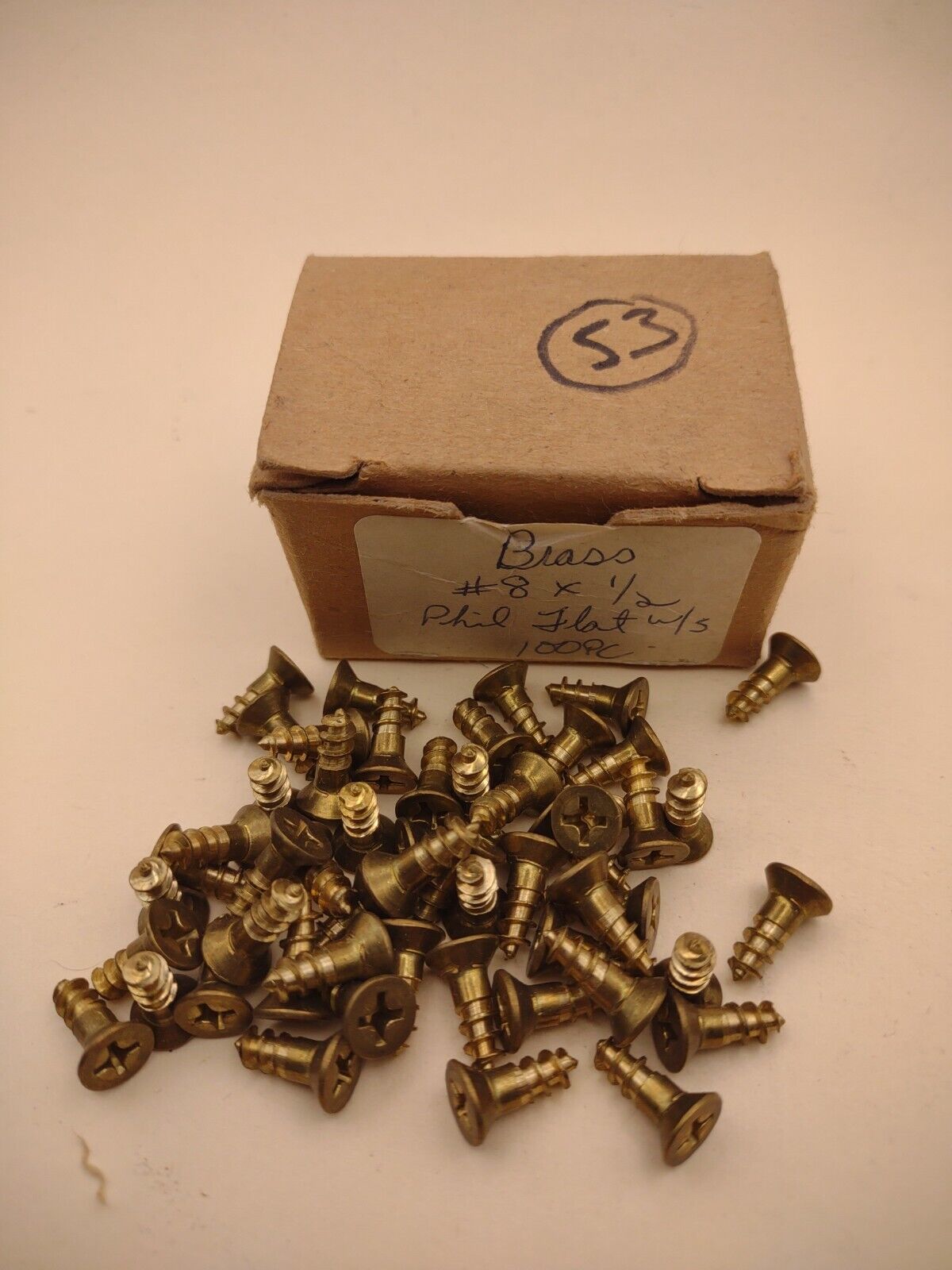 #8 x 1/2" NOS Flat Head Phillips BRASS Wood Screws Lot of (53pcs) BOX0228