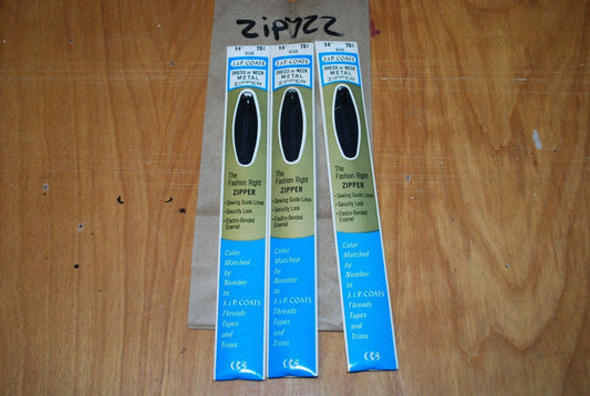 N.O.S. J&P Coats 14" Metal Zipper Black - (Lot of 3 packs) - zip722