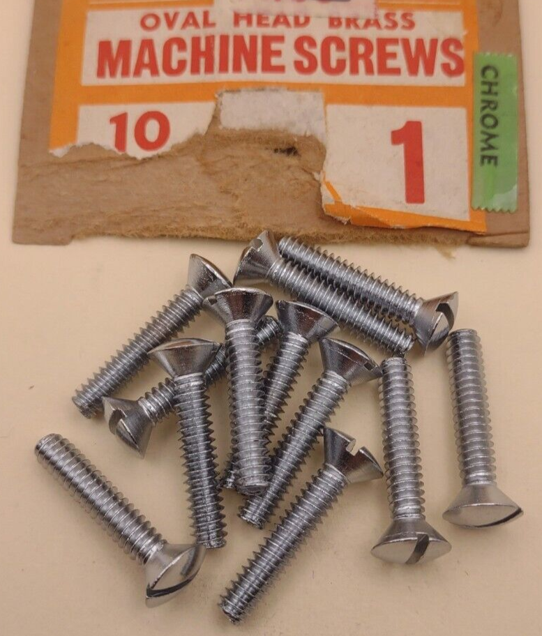 10-24 x 1" Oval Head Slotted Chrome Brass Machine Screws (12 pack) NOS CBMS31