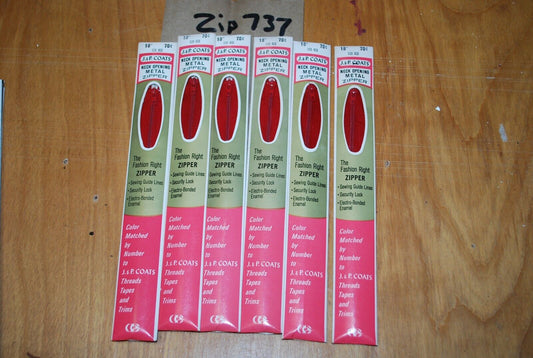 N.O.S. J&P Coats 18" Metal Zipper 128 Red - (Lot of 6 packs) - zip737