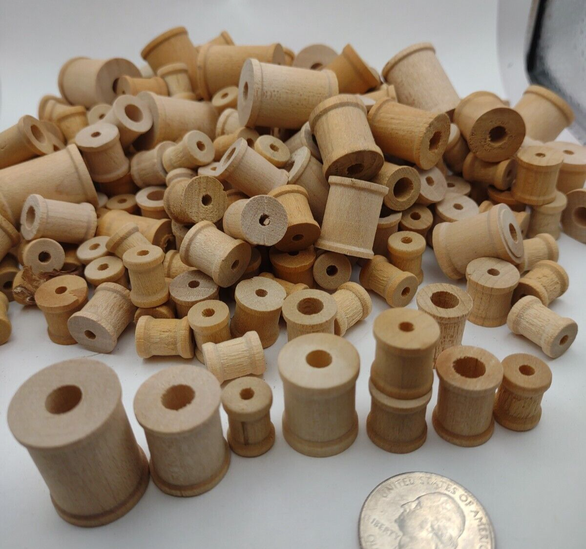 3/8" - 1" Unfinished Wooden Mini Spools 9oz 200+/-pc Mixed Lot Packs Lot #S01