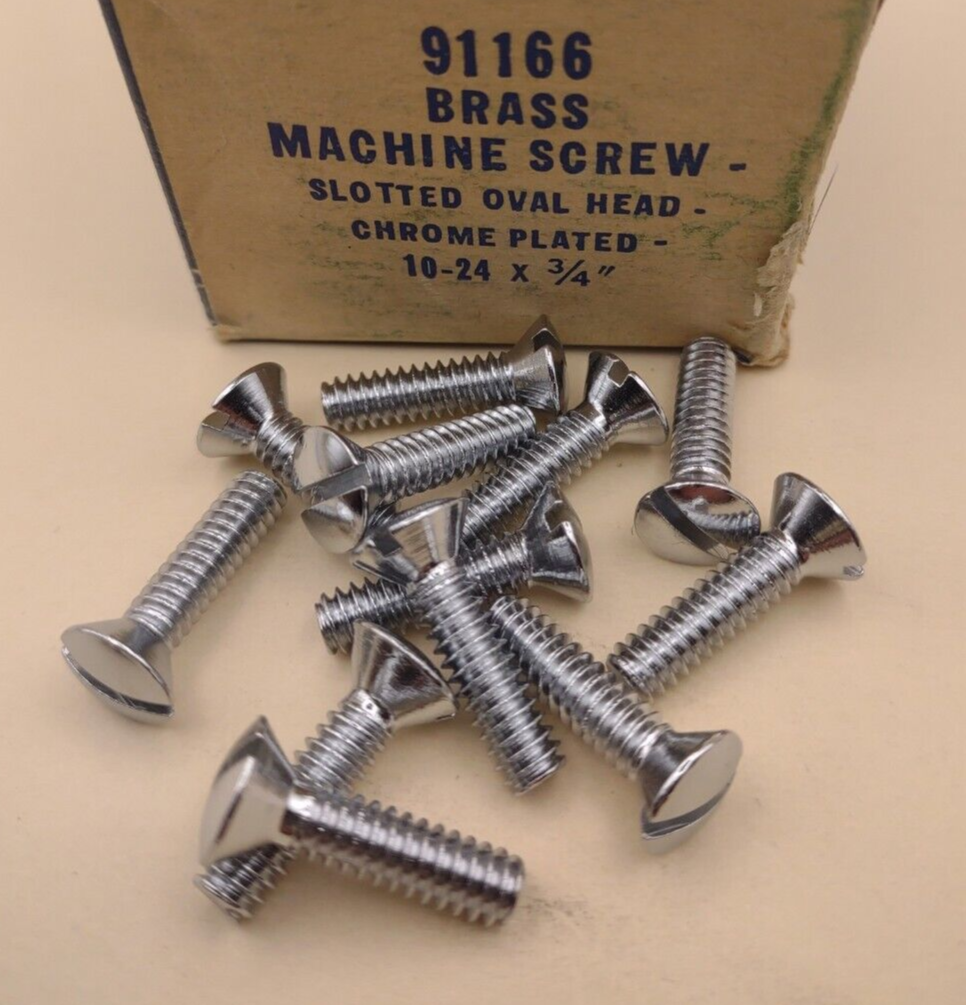 10-24 x 3/4" Oval Head Slotted Chrome Brass Machine Screws (12 pack) NOS CBMS30