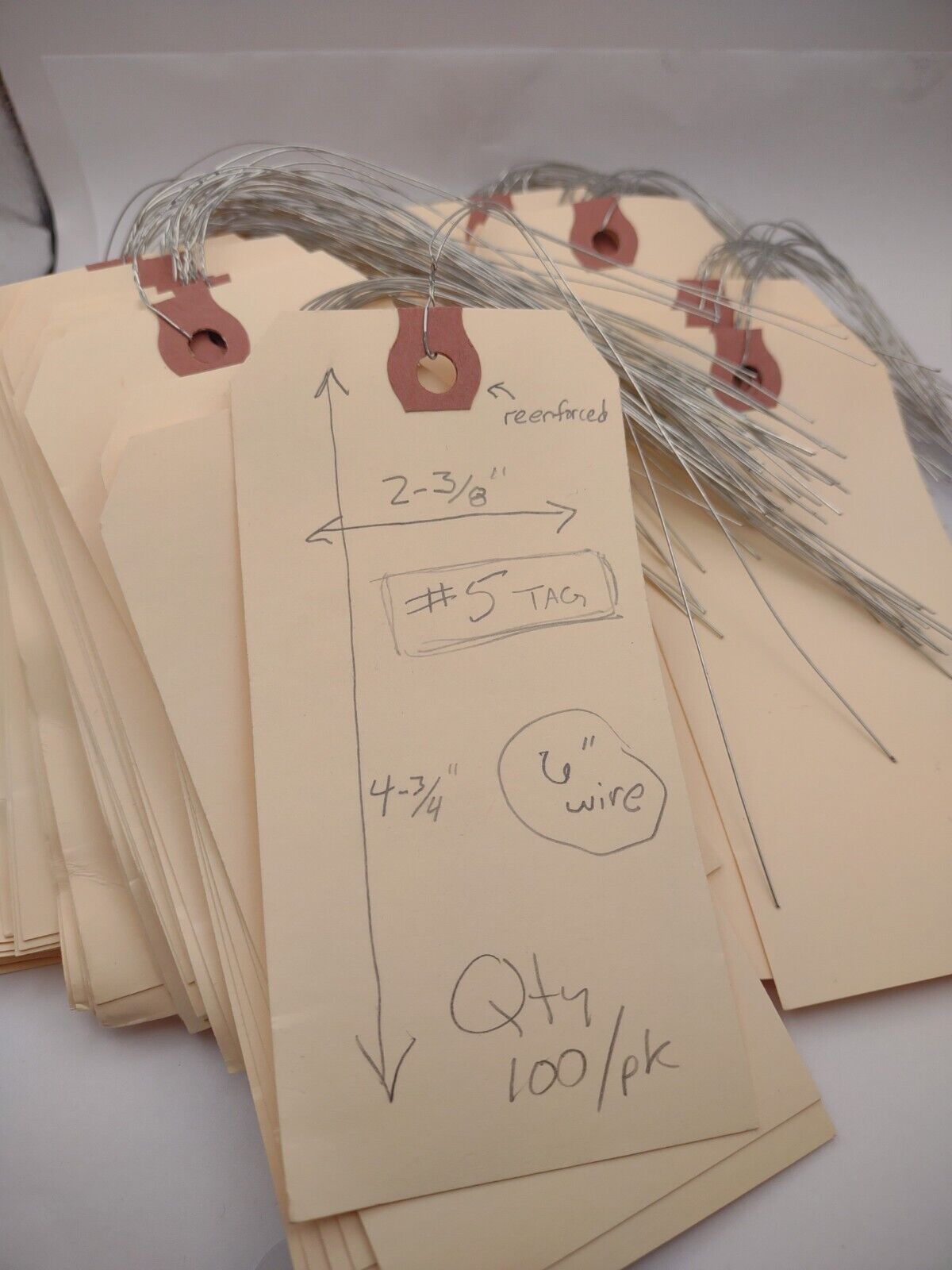 Lots of (100) No. #5 Manila Reenforced Wire Tags - Luggage - Inventory - Ship