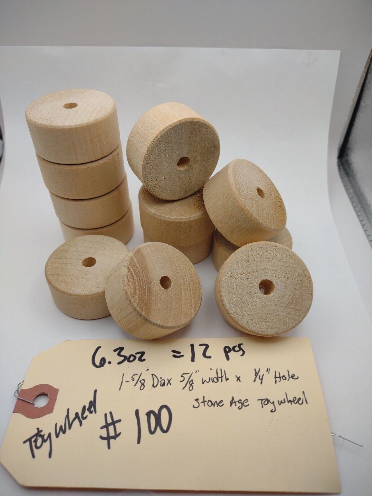 1-5/8" x 5/8" x 1/4" Unfinished Stone Age Wooden Toy Wheel 12pc Packs Lot #TW01