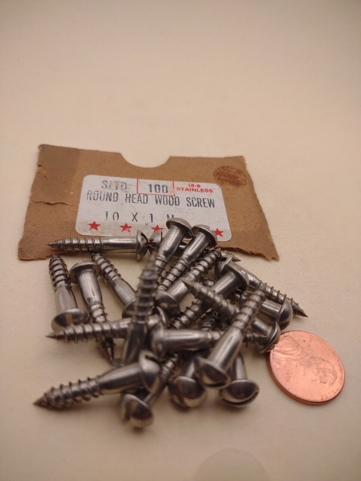 #10 x 1" 18-8 Stainless Round Head Slotted Marine Wood Screws (20) pack SSWS44