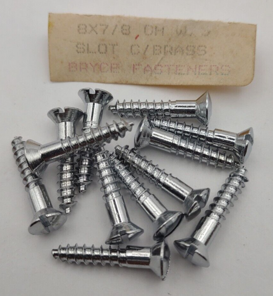 #8 x 7/8" Chrome Brass Oval Head Slotted Marine Wood Screws (12) pack CBWS30