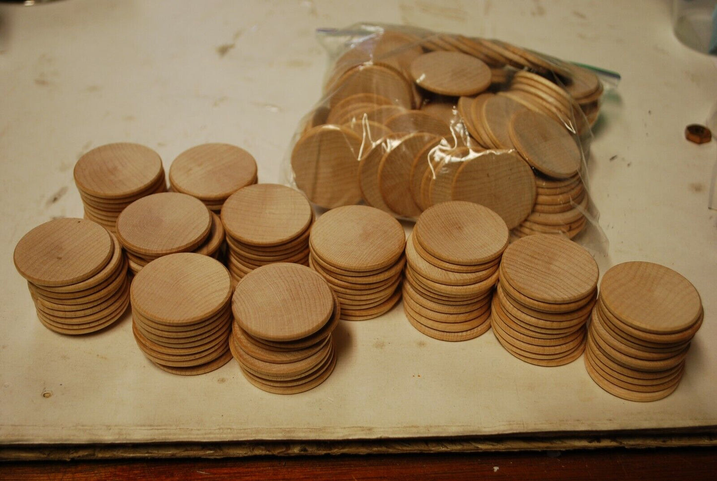 1.5" Unfinshed Wooden Disc / Coin / Medallion / Token / Poker Chip Lot of (220)