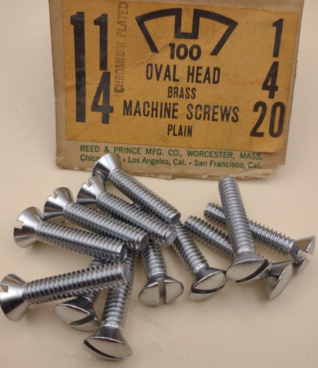 1/4"-20x 1-1/4" Oval Head Slotted Chrome Brass Machine Screws 12 pack NOS CBMS49