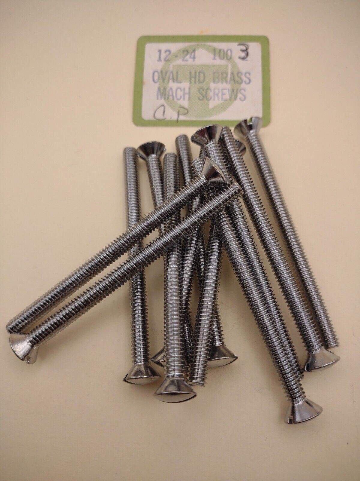 12-24 x 3" Oval Head Slotted Chrome Brass Machine Screws (12 pack) NOS CBMS43