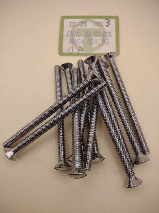 12-24 x 3" Oval Head Slotted Chrome Brass Machine Screws (12 pack) NOS CBMS43