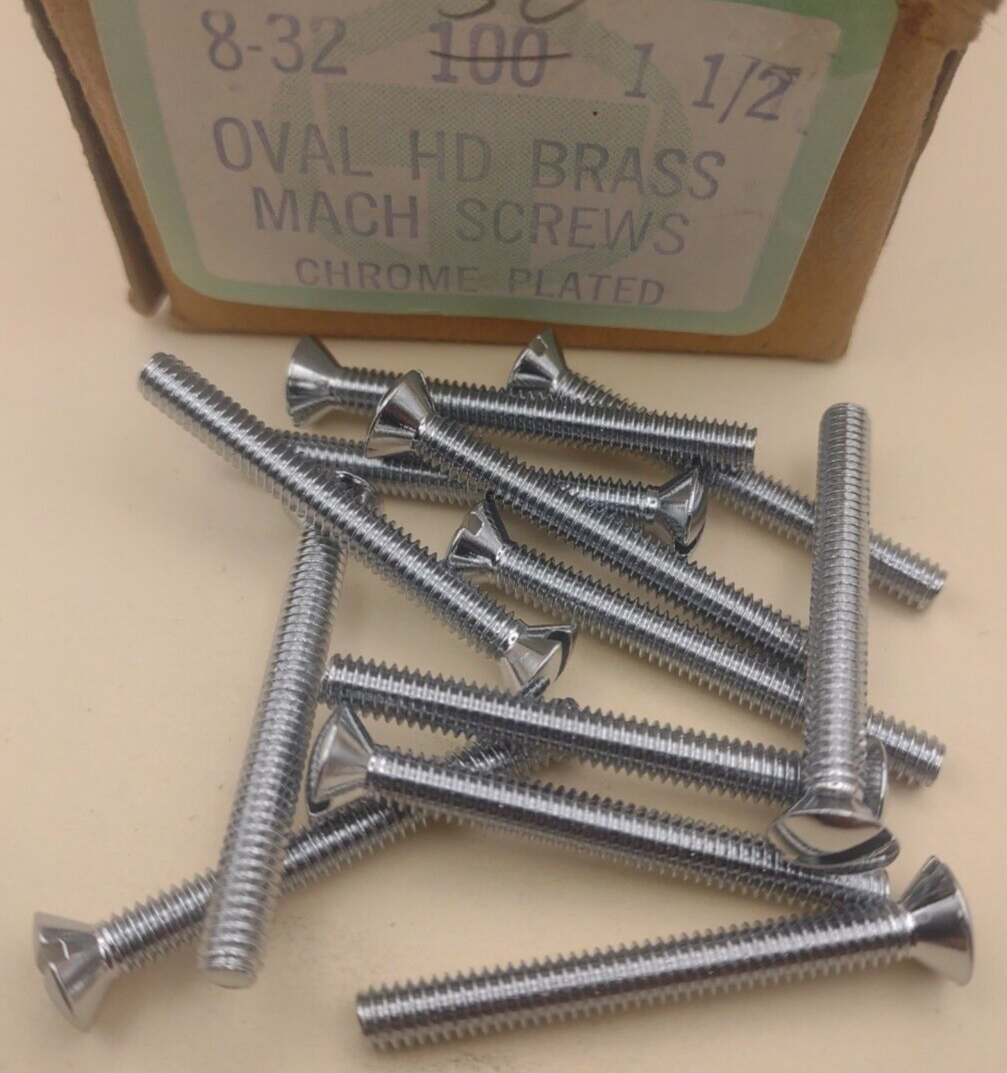 8-32 x 1-1/2" Oval Head Slotted Chrome Brass Machine Screws (12 pack) NOS CBMS22