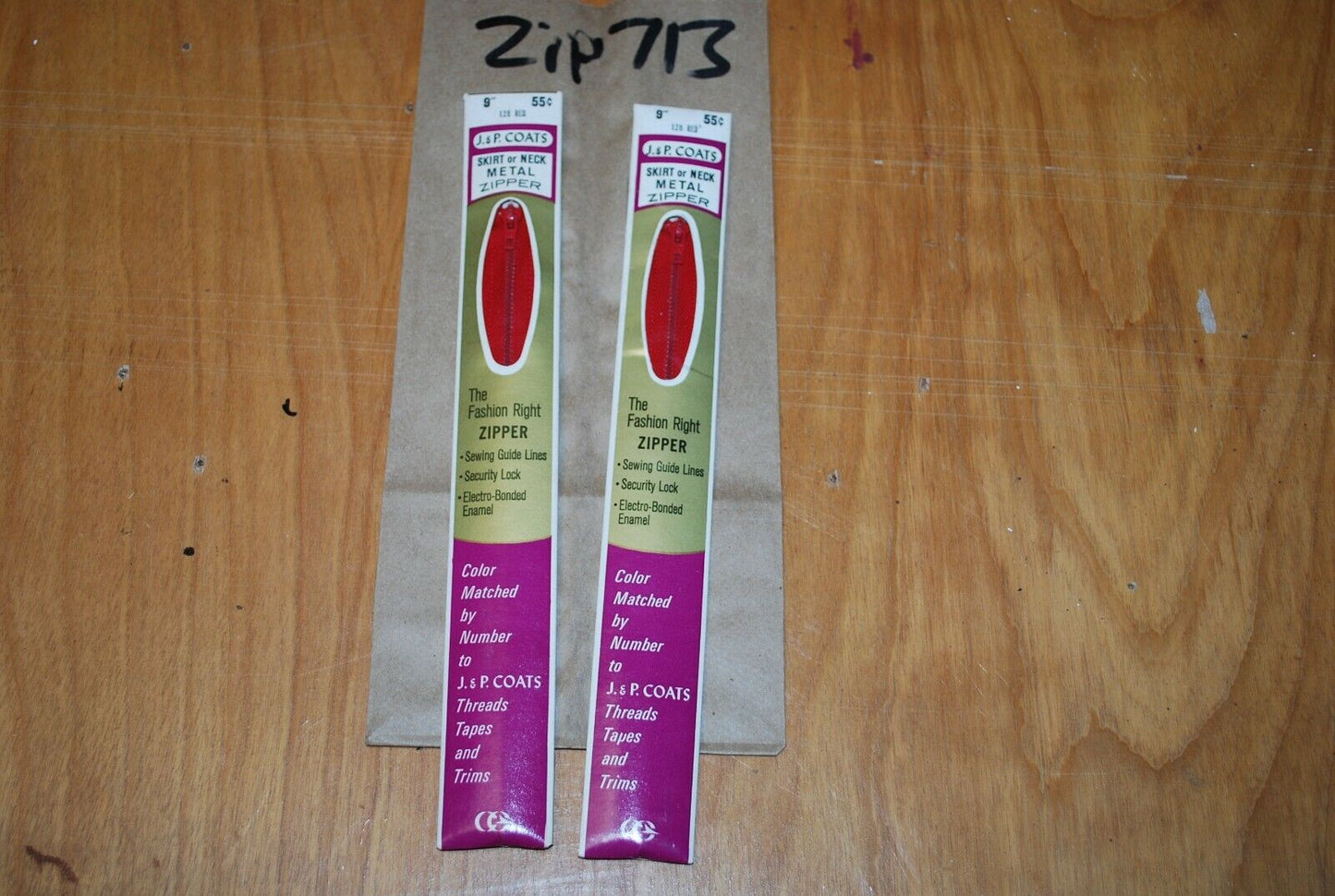 N.O.S. J&P Coats 9" Metal Zipper 128 Red- (Lot of 2 packs) - zip713