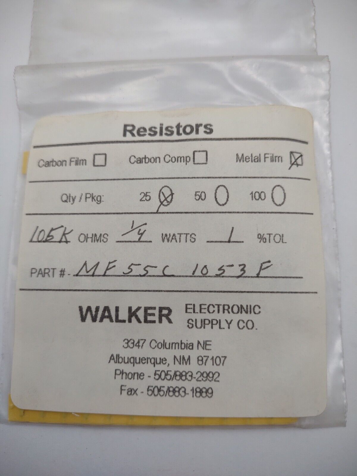 Walker 105k 1/4 Watt 1% MF55C 1053F Metal Film Resistors Pack lot qty (25) 08