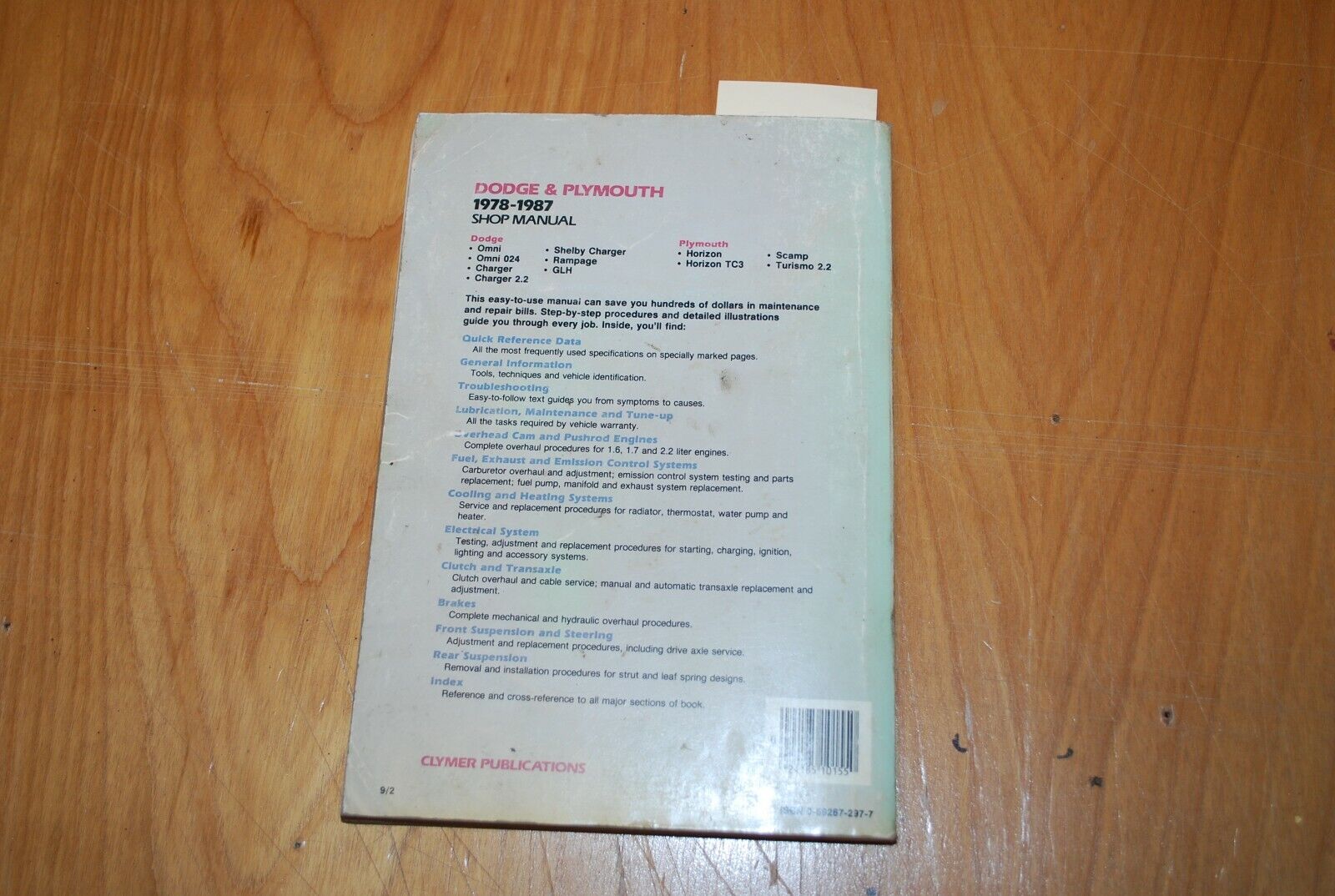 Clymer Repair Shop Manual/Guide - Dodge Plymouth Omni Horizon 1987-1988 - B022