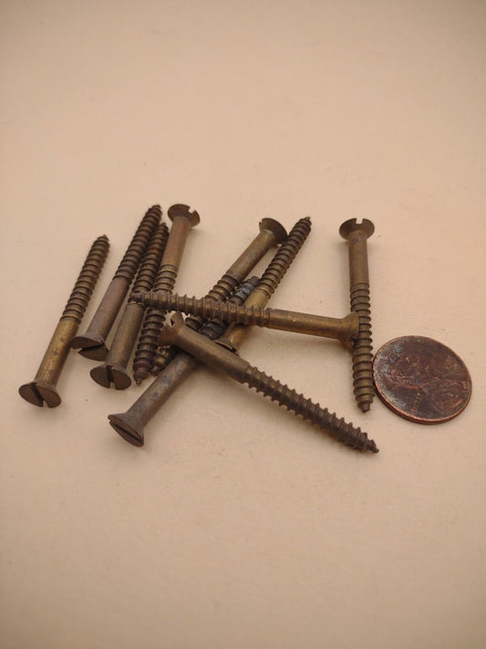 #8 x 1-3/4" NOS Flat Head Slotted Brass Wood Screws Pack of (10) BOX0251P
