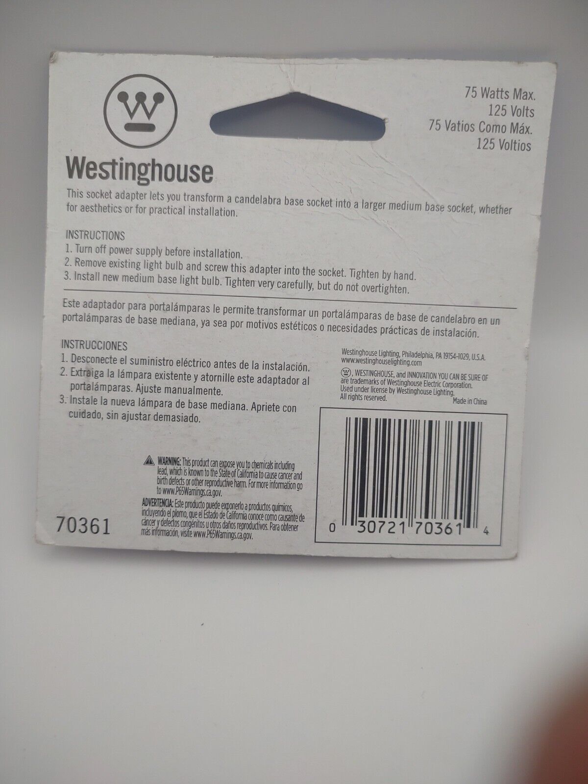 Westinghouse Socket Adapter Candelabra base to Medium Base #70361 E37