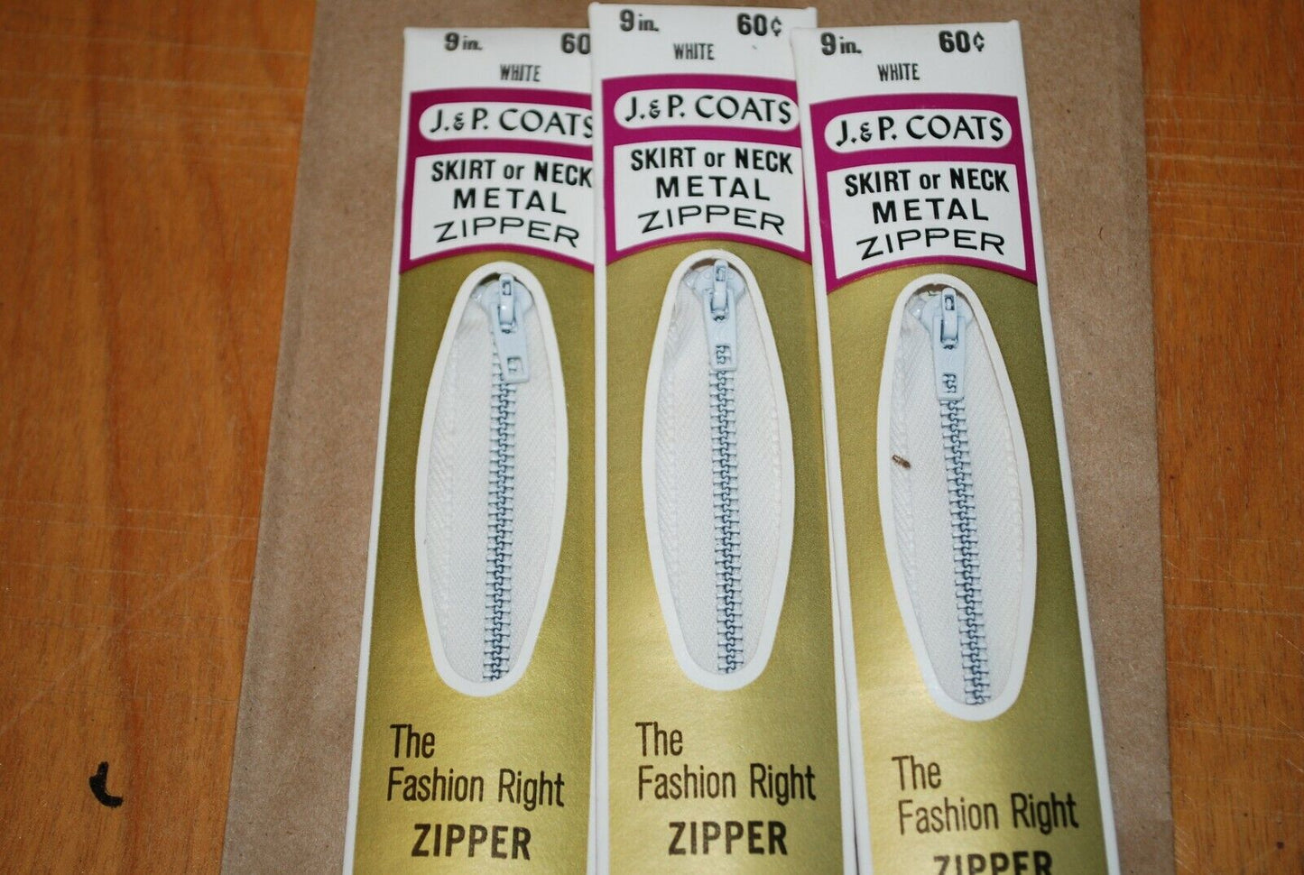 N.O.S. J&P Coats 9" Metal Zipper White - (Lot of 3 packs) - zip714