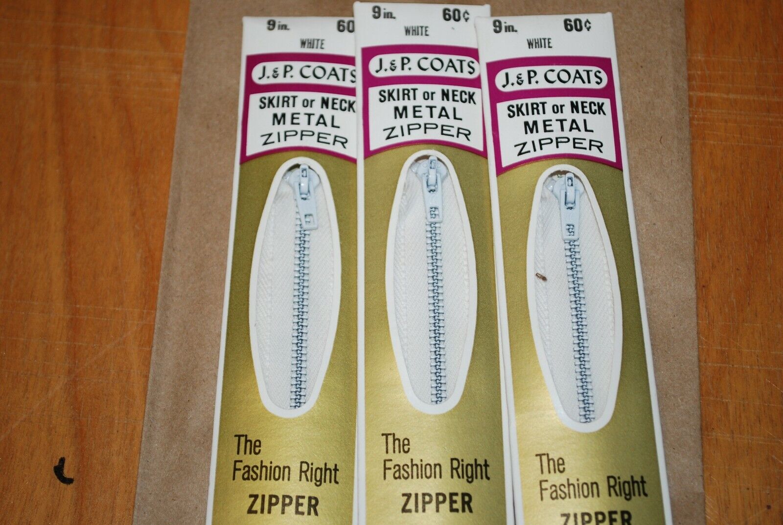 N.O.S. J&P Coats 9" Metal Zipper White - (Lot of 3 packs) - zip714