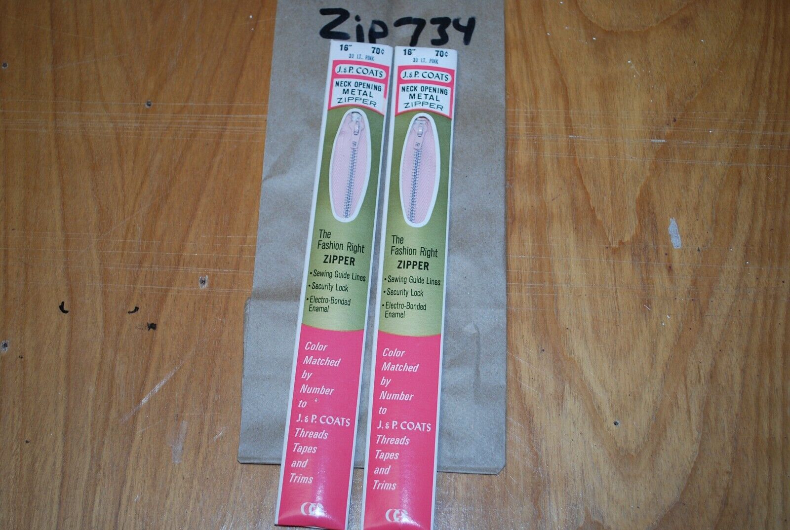N.O.S. J&P Coats 16" Metal Zipper 30 Lt. Pink - (Lot of 2 packs) - zip734
