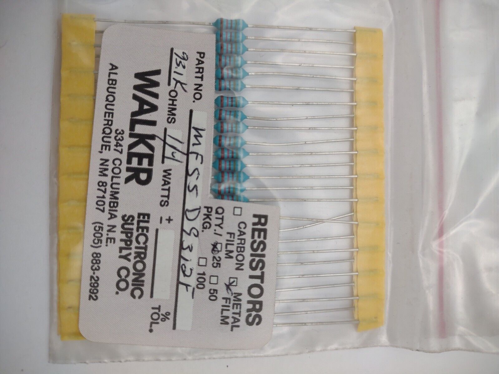 Walker 93.1k 1/4 Watt 1% MF55D 9312F Metal Film Resistors Pack lot qty (25) 04