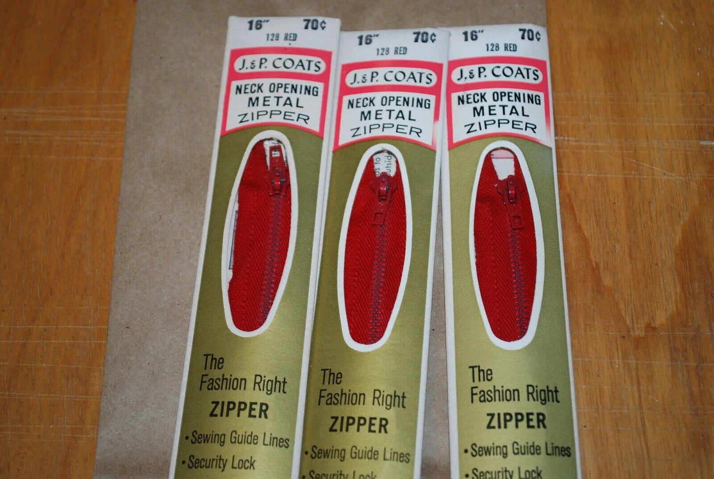 N.O.S. J&P Coats 16" Metal Zipper 128 Red - (Lot of 3 packs) - zip729