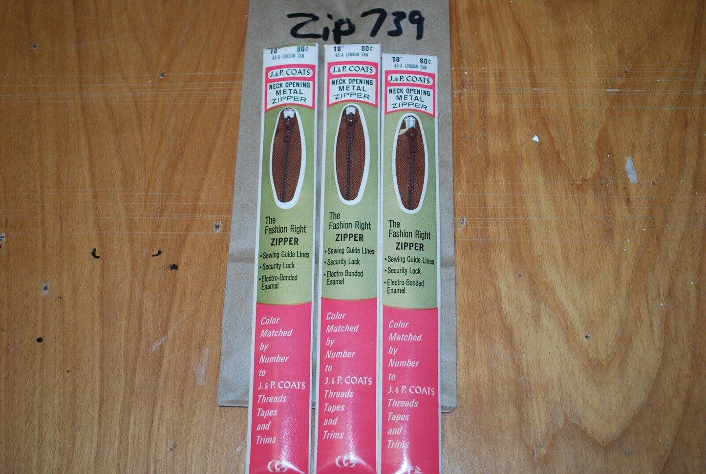 N.O.S. J&P Coats 18" Metal Zipper 48-A London Tan - (Lot of 3 packs) - zip739