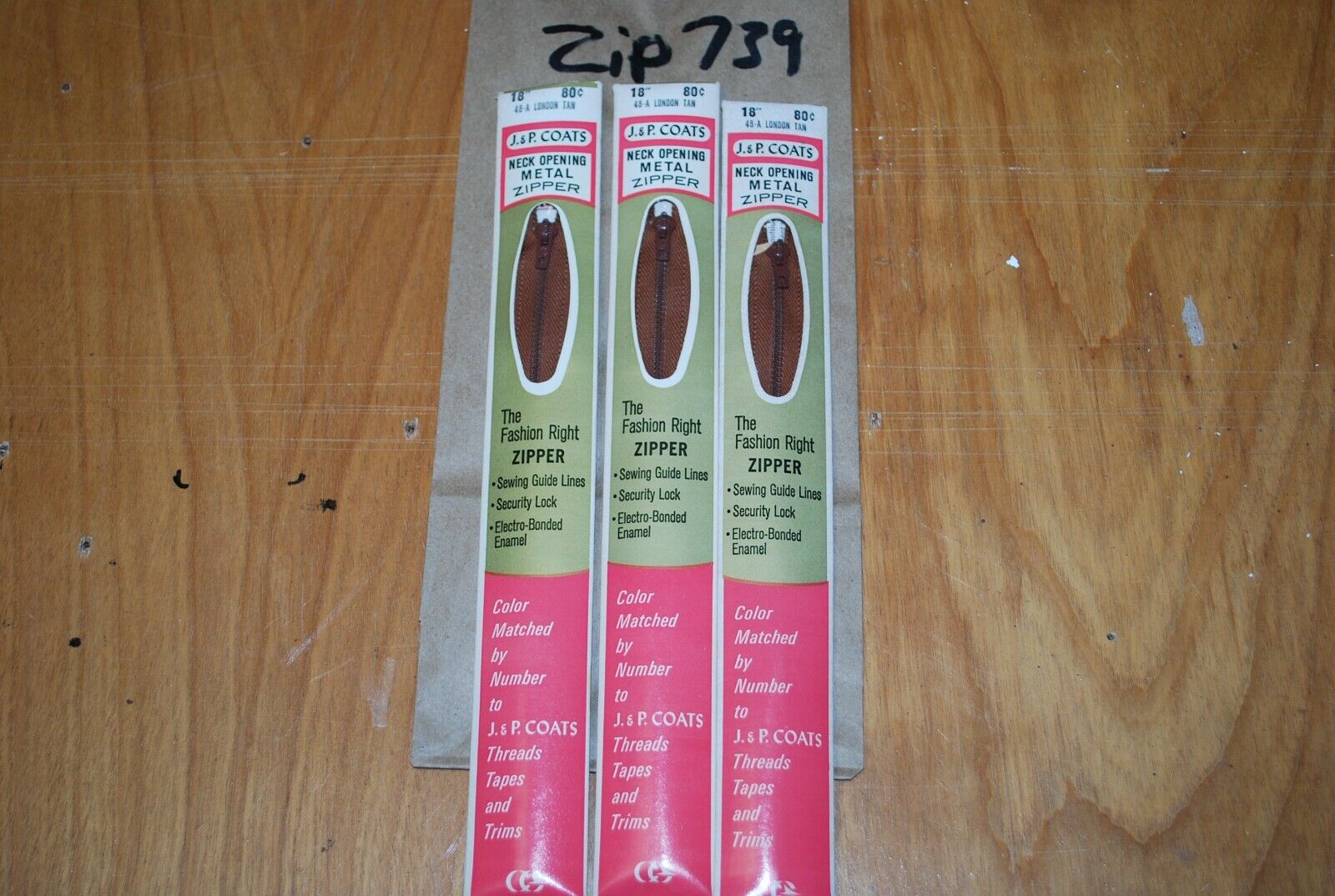 N.O.S. J&P Coats 18" Metal Zipper 48-A London Tan - (Lot of 3 packs) - zip739